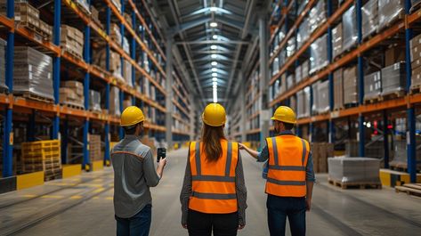 Warehouse Team Working: Three warehouse workers in safety gear inspect inventory in a well-organized, expansive storage facility. #warehouse #workers #safety #inventory #storage #facility #hardhats #vests #aiart #aiphoto #stockcake https://ayr.app/l/9M4r Inventory Storage, Warehouse Worker, Storage Facility, Safety Gear, Professional Image, Teamwork, Hard Hats