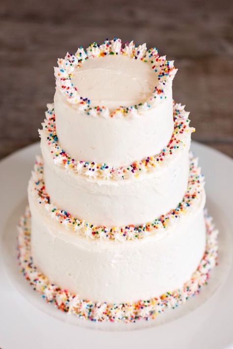 Three Tier Confetti Cake #sprinkles #celebration #birthdays #icing Sprinkle Wedding Cakes, Zoe Cake, Epic Cakes, Fluffy Buttercream Frosting, Sprinkles Party, Best Buttercream Frosting, Bakers Table, Best Buttercream, Food Decorating