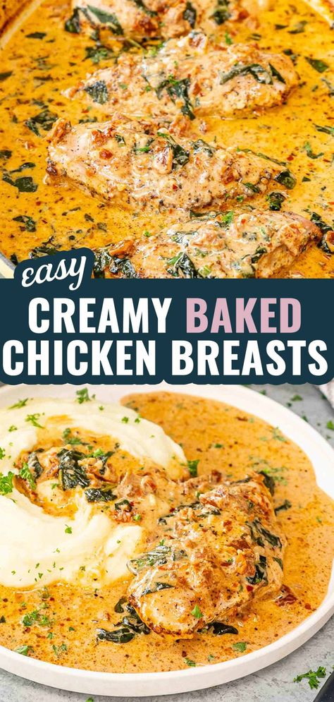 Whip up a cozy dinner tonight with this Creamy Baked Chicken Breasts recipe—easy, delicious, and sure to please! 🍗🌿 #ComfortFood #ChickenDinner Delicious Baked Chicken Recipes, Yummy Baked Chicken Recipes, Gluten Free Baked Chicken Recipes, Creamy Chicken Recipes Baked, Creamy Baked Chicken Recipes, Baking Chicken Breast In Oven, Cozy Chicken Recipes, 2 Chicken Breast Recipes, Baked Chicken Ideas