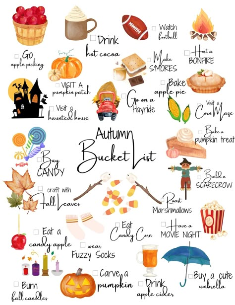 Autumn Checklist, Thanksgiving Bucket List, November Bucket List, Autumn List, Autumn To Do List, Fall Checklist, Autumn Bucket List, Pumpkin Drinks, Scarecrow Crafts