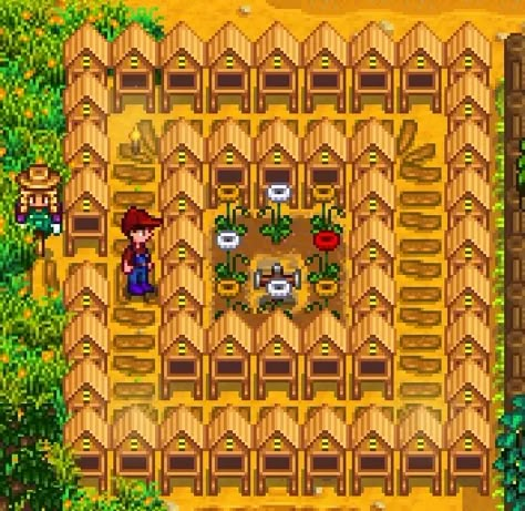 Stardew Valley: easy way to protect flowers for beehives - Gaming post - Imgur Flower Layout, Stardew Farm, Stardew Farms, Honey Flower, Stardew Valley Layout, Stardew Valley Tips, Stardew Valley Farms, Star Valley, Bee Houses