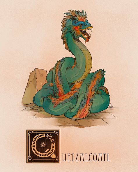 Quetzalcoatl Art, Feathered Serpent, Aztec Culture, Letter Q, Aztec Art, Mythology Art, Mythical Creatures Art, Mythological Creatures, Wow Art