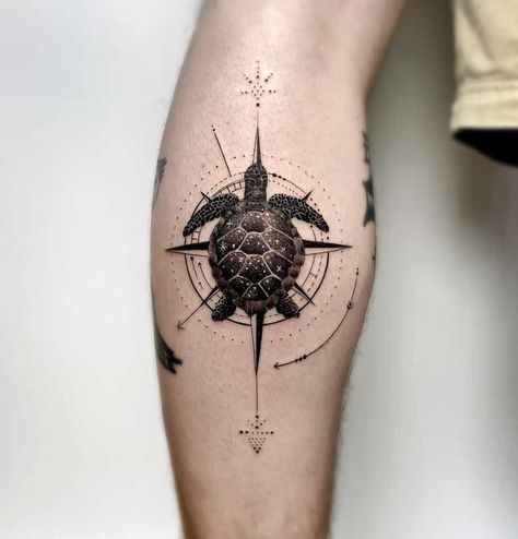 Turtle Tattoo Back, Turtle Compass Tattoo Ideas, Turtle Tattoo Sleeve, Tortoise Tattoos, Turtle Tattoos Men, Turtle Forearm Tattoo, Small Tattoo Ideas For Men Forearm, Tattoo Sleeve Styles, Turtle Compass Tattoo