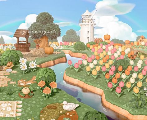 Rose Garden Acnh, Springcore Island Animal Crossing, Cottagecore Orchard Animal Crossing, Animal Crossing Tea Garden, Animal Crossing Botanical Garden, Cottage Core Animal Crossing, Pink Island, Tulip Field, Acnh Cottagecore