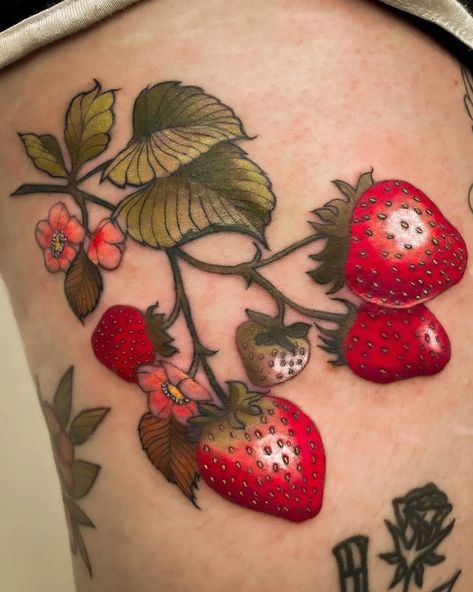 Strawberry And Flowers Tattoo, Mushroom Flower Tattoo, Tattoos Strawberry, Strawberry Color Tattoo, Berry Tattoos, Strawberry Animal Tattoo, Cute Tattoos Strawberry, Flowers Mushrooms Tattoo, Strawberry Tattoo Ideas