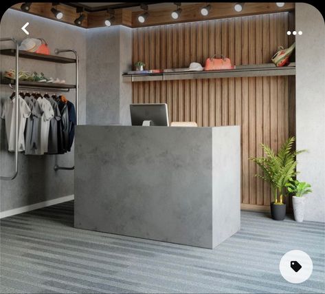 Concrete Reception Desk, Concrete Reception, Industrial Reception Desk, Industrial Reception, Concrete Desk, Dance Studio Design, Reception Desk Design, Gym Interior, Store Interiors