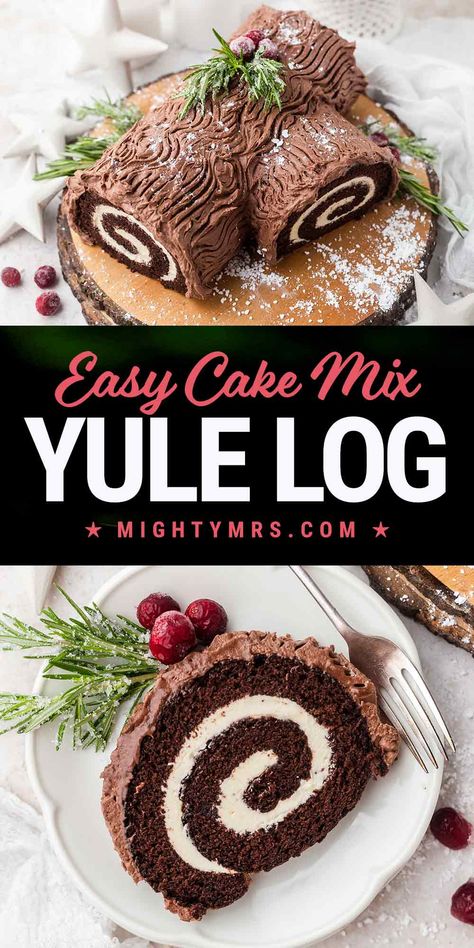 This gorgeous Swiss roll style cake is easy to make starting with chocolate cake mix. Filled with marshmallow frosting and topped with chocolate buttercream icing made to look like bark. Decorate as a festive yule log with sugared cranberries and fresh rosemary for a stunning holiday dessert! Yule Log Cake Easy, Easy Yule Log Recipe, Yule Log Cake Recipe, Yule Holiday, Yule Log Recipe, Swiss Cake, Chocolate Buttercream Icing, Chocolate Log, Chocolate Yule Log