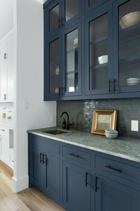 Dark Blue Kitchen Cabinets Black Hardware, Navy Kitchen Glass Cabinets, Blue Kitchen Cabinets With Black Hardware, Blue Cabinets Black Backsplash, Hardware Navy Cabinets, Blue Cabinet With Black Hardware, Navy Island Black Hardware, Navy Kitchen Cabinets With Black Hardware, Blue Cabinets Dark Countertops