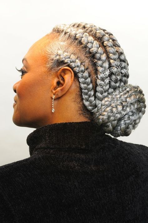 Braids curly hairstyle senior women Gray Braids For Black Women Silver Hair, Salt And Pepper Braids Black Women, Braids For Older Black Women Over 50, Four Braids Cornrow, Black Braided Hairstyles Updos, Big Cornrow Braids, Grey Box Braids, Black Braided Updo, Cornrows Ideas