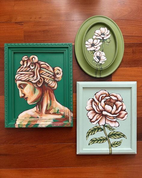 Morgan Gray | three new paintings on thrifted frames!! they are available on my website now :) i have some commissions i'm working on this week but in… | Instagram Painting On Picture Frames, Canvas Painting Frame Ideas, Paint Frames Diy Ideas, Diy Art Frame, Paintings On Mirrors, Painted Picture Frames Diy, Painting On Glass Frame, Framing A Canvas, Painting On Frame