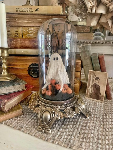 Handmade Vintage Ghost Cloche on Antique Base Ghost Cloche, Vintage Ghost, Antique Lamp, Foam Pumpkins, Halloween Lovers, Antique Lamps, Lamp Base, Glass Domes, Lamp Bases