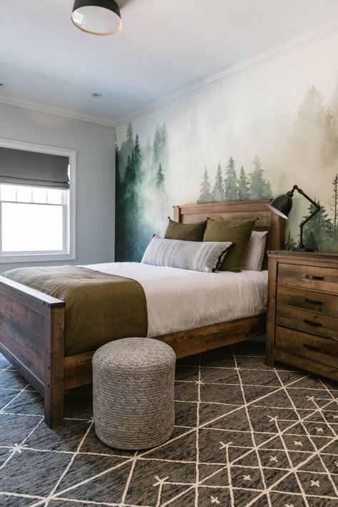 Boys Woodland Bedroom, Rustic Boys Bedrooms, Woodsy Bedroom, Outdoor Themed Bedroom, Boys Bedroom Grey, Young Mans Bedroom, Boys Bedroom Green, Rustic Boys Room, Lodge Bedroom