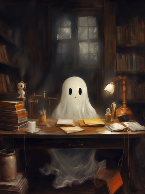 An oil painting of a cute little ghost in a library. Coyote Trickster, Painting Ghost, Helloween Wallpaper, Casa Halloween, Halloween Kunst, Living Room Poster, Halloween Artwork, Whimsical Home, Halloween Wall Art