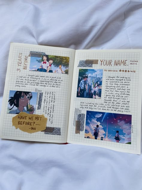 I actually loved your name. It’s one of my fav anime movies ^•^ #journal #anime #yourname Music Journaling, Notebook Inspiration, Journal Things, Kpop Journal, Bujo Ideas, Movie Theatre, Bullet Journal Aesthetic, Sketchbook Art Journal, Bullet Journal Design Ideas