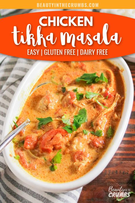 An Easy Chicken Tikka Masala Recipe (Dairy Free & Gluten Free) A cozy and easy Chicken Tikka Masala recipe you just gotta try. This chicken tikka masala is dairy free and gluten free but packs a ton of delicious flavor. It’s one of my kids’ favorite meals, too. #glutenfreerecipes #glutenfreedinnerideas #chickenrecipes #dairyfree #easydinner Healthy Tikka Masala Recipe, Chicken Tiki Masala Recipe Crock Pot, Chicken Tiki Masala Crockpot, Chicken Tikka Masala Dairy Free, Chicken Tiki Masala, Quick Slow Cooker Meals, Chicken Tikka Masala Coconut Milk, Easy Chicken Tikka Masala, Gluten Free Dinner Easy