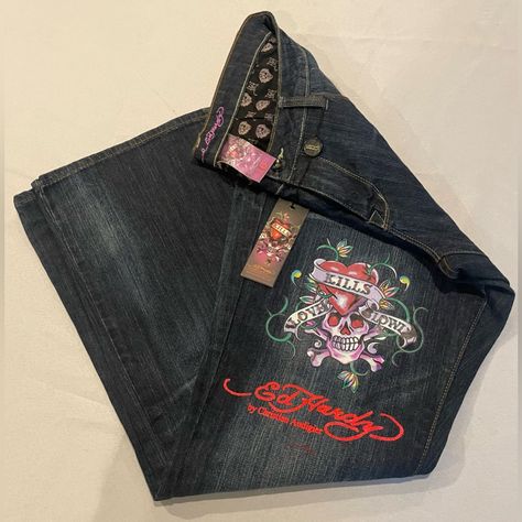 In Great Vintage Nwt Condition! This Is A Rare Find Authentic Y2k Ed Hardy Love Kills Slowly Ed Hardy Baggy Jeans, Bf Clothes, Ed Hardy Outfit, 2000s Pants, Types Of Clothing Styles, Love Kills Slowly, Bedazzled Jeans, Authentic Y2k, Fire Clothes