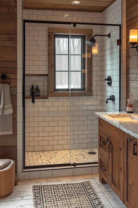 19 Walk In Shower Small Bathroom Ideas: Where Elegance Meets Efficiency | DIY Vibes Barndominium Bathroom Ideas Rustic, Shower Small Bathroom Ideas, Walk In Shower Small Bathroom, Shower Small Bathroom, Top Bathroom Design, Rustic Vanity, Farmhouse Shower, Bathroom Idea, Bathroom Remodel Shower