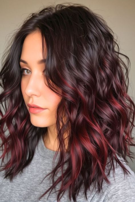 20 Winter Brunette Hair Color Ideas 2025 - Fashion Trend Hacks Brunette Plum Balayage, Maroon Lowlights Brunettes, Hair Peekaboo Color Brunettes, Vivid Hair Color Ideas For Winter, Brown Hair With Bright Colors, Berry Highlights Brown Hair, Dark Hair Dye Color Ideas, Short Chocolate Cherry Hair, Brunette Burgundy Hair