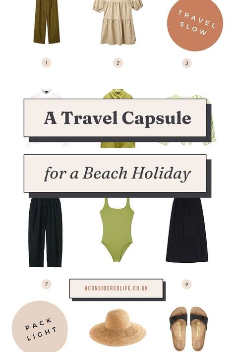 A 10-Day Beach Holiday Travel Capsule Capsule Holiday Wardrobe, Beach Vacation Capsule Wardrobe, Beach Holiday Wardrobe, Beach Capsule Wardrobe, Beach Capsule, Tonal Outfits, Big Sun Hat, Travel Capsule Wardrobe Summer, Holiday Packing Lists