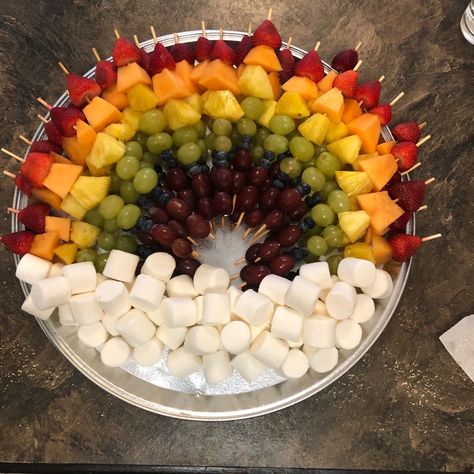 Rainbow Fruit Kabobs on a Marshmallow Cloud Candy Land Fruit Display, Rainbow Fruit Kabobs Skewers, Fruit And Marshmallow Kabobs, Rainbow Fruit Tray Birthdays, Rainbow Fruit Board, Unicorn Fruit Platter, Easter Fruit Kabobs, Slip N Slide Party, Rainbow Skewers