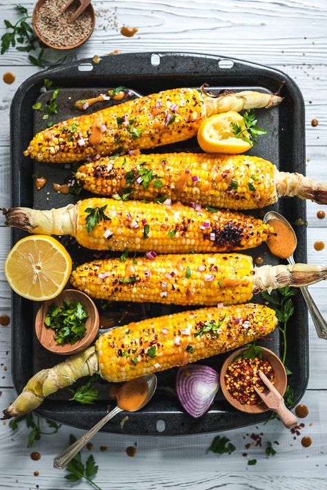 Miso Corn, Baked Corn On The Cob, Corn Aesthetic, Corn Photography, Grilled Fruit Dessert, Aesthetic Bbq, Bbq Aesthetic, Corn Grilled, Corn In The Oven