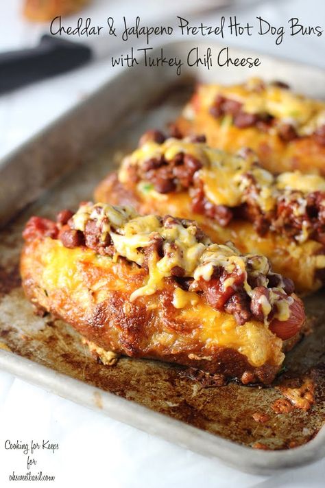 Jalapeño and Cheddar Hot Dog Buns with Turkey Chili Cheese ~ Oh Sweet Basil - Cooking for Keeps Pretzel Hot Dog Buns, Pretzel Hot Dog, Oh Sweet Basil, Pretzel Bun, Fancy Dinner Recipes, Turkey Cheese, Jalapeno Cheddar, Chili Dogs, Gourmet Dinner