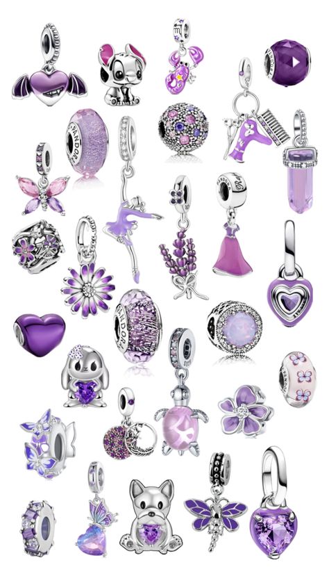 Inspo for purple charm people Purple Pandora, Pandora Purple, Pandora Bracelet Charms Ideas, Girly Christmas Gifts, Pandora Bracelet Designs, Pandora Bangle, Pandora Jewelry Charms, Album Diy, Accesories Jewelry