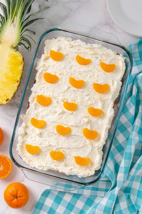 Pig Pickin' Cake | The Blond Cook Creamsicle Poke Cake, Pig Pickin Cake Recipe, Pig Pickin Cake, Fluffy White Cake, Easy Vanilla Frosting, Mandarin Orange Cake, Pan Desserts, Pig Pickin, Cream Cheese Fruit Dip