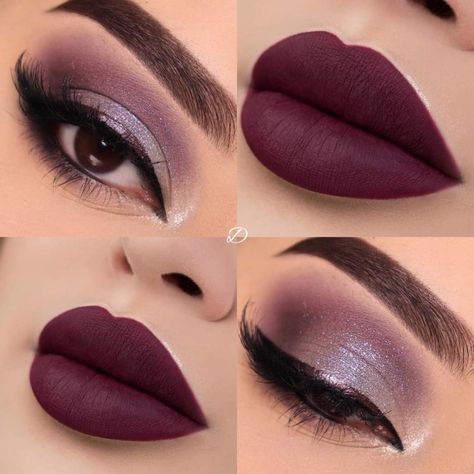 Plum Eye Makeup Brown Eyes, Eyeshadow For Burgundy Dress, Plum Makeup For Brown Eyes, Plum Lipstick Makeup Look, Makeup For Wine Dress, Plum Lipstick Makeup, Plum Makeup Look, Plum Eye Makeup, Plum Makeup