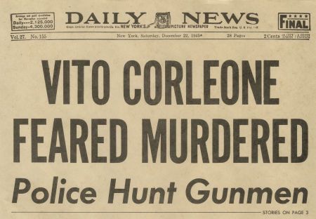 Movie prop newspaper from "The Godfather," dated December 22, 1945. Godfather Newspaper, Mob Movies, Trivia Of The Day, Corleone Family, The Godfather Part Iii, The Godfather 1972, Mario Puzo, Godfather 1972, Vito Corleone