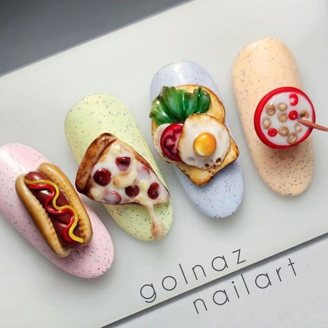 Pizza Nails Designs, Hot Dog Nails, Dessert Nail Art, Food Nails Designs, 4d Nail Art Design, Bread Nails, Pizza Nails, Dessert Nails, Nail Makeover