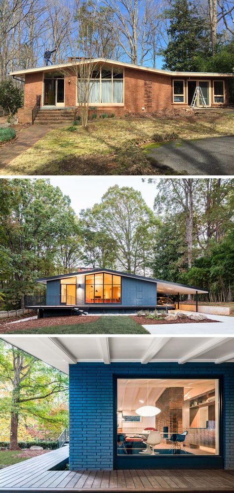 This mid-century modern house was given a fresh update by removing a badly built sunroom and painting the brown brick a bold blue. Midcentury Architecture Exterior, Mcm Brick Exterior, 70s Brick House Exterior, Mid Century Brick House, Painted Brick Building, 70s Home Exterior Makeover, 70s Exterior House, Entry Extension, 70s Modern House