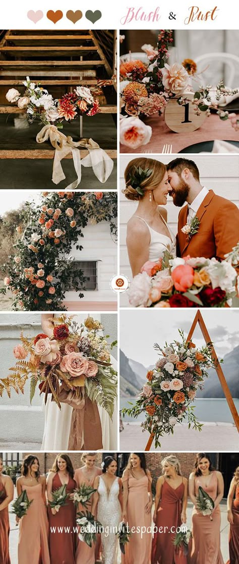 Dusty Rust Wedding Theme, Summer Rust Wedding, Copper And Blush Wedding Theme, Blush Copper Wedding, Terracotta And Blush Wedding Palette, Blush And Rust Color Palettes, October Wedding Pink Color Palettes, Rust And Blush Color Palette, Rust And Rose Wedding