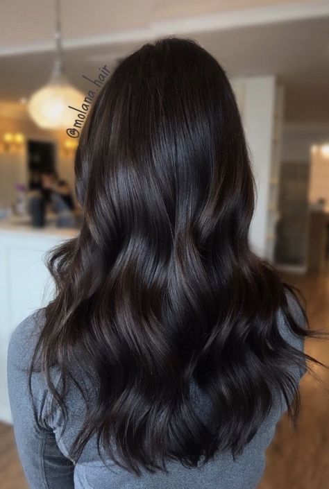 Warm toned black hair color. #avedaibw Long Dark Brown Hair, Tanjiro Wallpaper, Hair Color Ideas For Dark Hair, Color Ideas For Dark Hair, Ideas For Dark Hair, Black Hair Balayage, Dark Brunette Hair, Brown Hair Inspo, Chocolate Hair