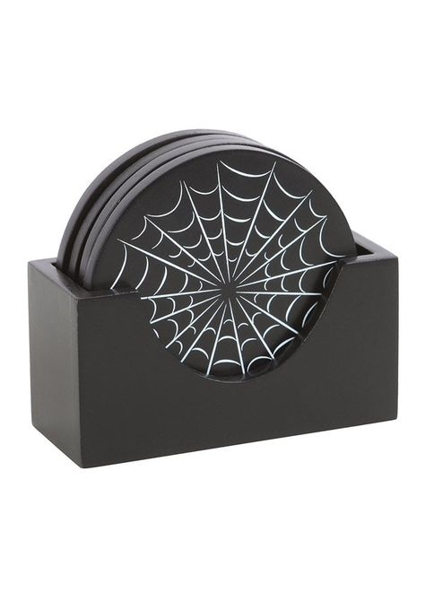 Save your furniture from any frightful spills with the Spiderweb Coaster Set with a handy holder for when not in use. Whether you're going all out with the details for Halloween or your abode embraces a year-round gothic aesthetic, these coasters are perfect for adding a dark and dramatic accent to your living space.    Black   4 piece coaster set in holder   Spiderweb design   Cork backed laminate   9.5cm x 9.5cm Gothic Homeware, Spiderweb Design, Halloween Coasters, Wolf Skull, Black Coasters, Sourpuss Clothing, Creepers Shoes, Attitude Clothing, Space Black