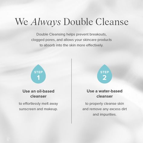 Double-cleansing is 50% of your whole skin regimen!!!! 🧽    Double-cleansing your skin at the end of the day is essential for overall skin health.    Here’s WHY:    Double-cleansing is one of the best things you can do for your skin! The first cleanse removes all makeup, dirt, sunscreen, and excess oils. The second cleanse is like insurance for your first cleanse to make sure everything is off the face.     The second cleanse actually targets your skin concerns and skin type! Double Cleanse, Skin Advice, Skin Regimen, Double Cleansing, Make Me Up, Skin Concern, Skin Care Products, Skin Type, Skin Health