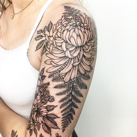 Shoulder Chrysanthemum Tattoo, Chrysthanemum Tattoo, Chrysanthemum Shoulder Tattoo, Chrysanthemum Tattoo Shoulder, Chrysanthemum Tattoo Sleeve, Floral Shoulder Cap Tattoo, Front Shoulder Tattoos, Shoulder Cap Tattoo, Tattooed Lady