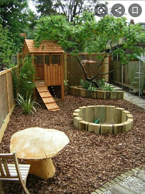 Wood Chip Patio Backyards, Xeriscape Garden Design, Side Yard Play Area For Kids, Kids Play Area Garden, Backyard Area Ideas, Garden Kids Play Area, Backyard Ideas Kids, Garden Play Area, Backyard Skatepark