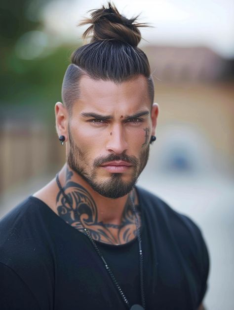 #tattootrends #inkedup #bodyart #tattooideas #tattooinspiration #tattooaddict #tattooartist #tattooedgirls #tattooedguys #tattooedlife #tattooedbeauty #tattooedstyle #tattooedculture #tattooedcommunity #tattooedgeneration Muscular Face, Men Eyebrows, Men Hairline, Mens Ponytail Hairstyles, Top Knot Men, Knot Hairstyle, Braided Top Knots, Man Bun Hairstyles, Weave Ponytail Hairstyles