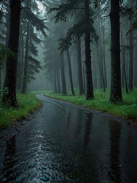 Rain In The Forest, Future Pfp, Rainy Wallpaper, Cozy Rainy Day, Rainy Sky, Dark Forest Aesthetic, Rainy Day Aesthetic, Painting References, Scenic Roads