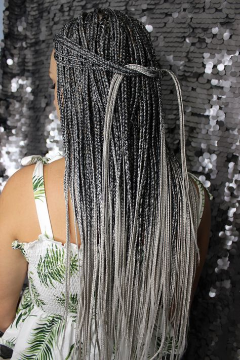 ombre silver braids Silver And Black Braids, Silver Braids For Black Women, Black And Silver Braids, Silver Box Braids, Gray Box Braids, Silver Braids, Grey Box Braids, Latest Braids, Grey Hair Braids