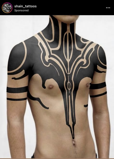 Full Body Geometric Tattoo, Black Work Stomach Tattoo, Full Upper Body Tattoo, Body Suit Tattoo Men, Geometric Face Tattoo, Black Neck Tattoo, Black Chest Tattoo, Geometric Shoulder Tattoo, Body Tattoos Men