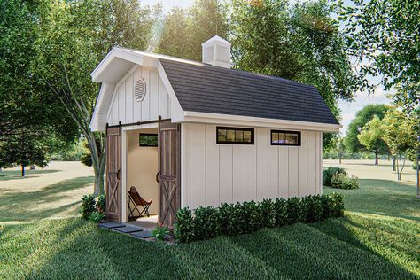 Work from home in this farmhouse-inspired backyard office plan.  The exterior features a gambrel roof and board and batten siding.  A set of sliding barn doors opens to a large office space that is perfect for working remotely from home. Large Office Space, Modern Farmhouse Backyard, Farmhouse Sheds, Barn Style Shed, Farmhouse Backyard, Backyard Barn, Shed Tiny House, Gambrel Style, Barn Plan