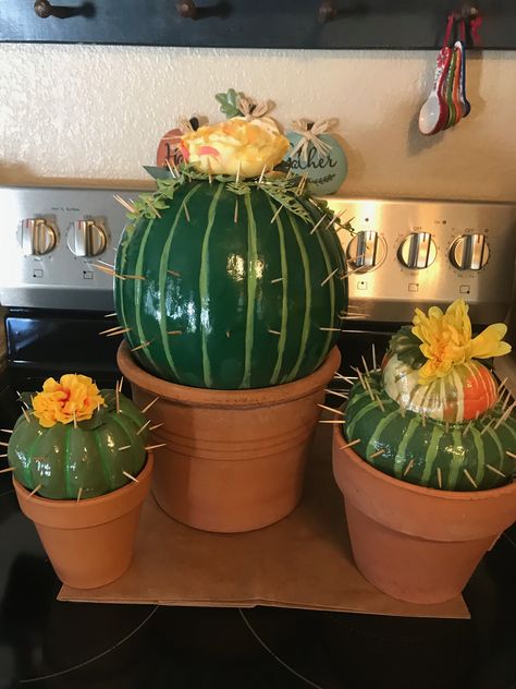 Pumpkin Cactus Painting, Cactus Painted Pumpkin, Barnyard Pumpkin Decorating, Painted Cow Pumpkin Ideas, Watermelon Pumpkin Painting, School Pumpkin Contest, Cowgirl Pumpkin Painting, Pumpkin Painting Western, Cactus Pumpkin Decorating