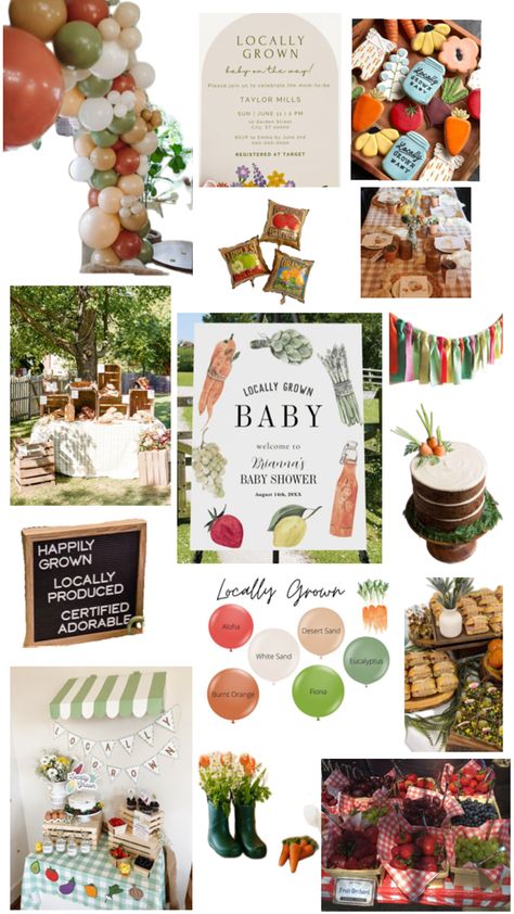 Locally grown, gender neutral, baby shower themes, diy baby shower, inspo, inspiration, baby shower ideas, baby boy, baby girl, shower themes #baby #babyshowerthemes #genderneutral #locallygrown #farmersmarket Locally Grown Baby Shower Theme, Neutral Baby Shower Themes, Work Baby Showers, Gender Neutral Baby Shower Themes, Picnic Baby Showers, Baby Boy Sprinkle, Garden Baby Shower Theme, Tiffany Baby Showers, Kate Baby