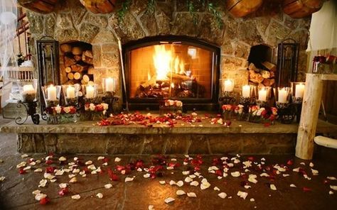 I love fireplaces! This is so pretty! Maybe we can find a cabin or hotel that has this for our honeymoon. :) Christmas Proposal, Romantic Wedding Receptions, Cabin Wedding, Romantic Retreat, Winter Wonderland Wedding, Wedding Site, Lodge Wedding, Mountain Lodge, Wine Wedding