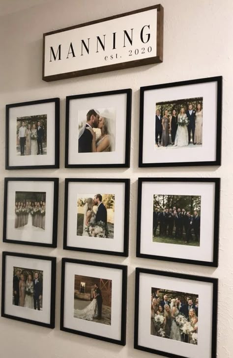 9x9 Photo Wall, Picture Frame Accent Wall Ideas, Family Photo Wall Ideas Hallways Entryway, Entry Wall Picture Ideas, Wedding Photo Wall In House, 2023 Farmhouse Living Room, Everyday House Decor, Dining Room Ideas Neutral, Wedding Wall Gallery Ideas