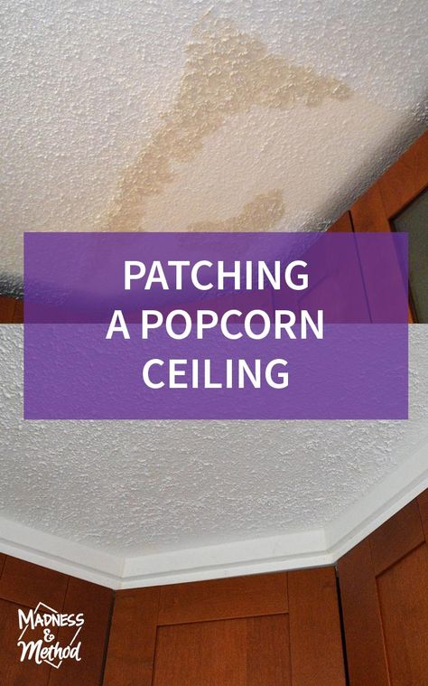 Planning on patching a popcorn ceiling? Check out the products & DIY steps to fix a popcorn ceiling yourself (don't worry, it's way easier than you think!) Fixing Popcorn Ceiling Diy, Repair Popcorn Ceiling Diy, How To Fix Popcorn Ceiling Diy, Fix Popcorn Ceiling Diy, How To Patch Popcorn Ceiling, How To Cover Popcorn Ceiling Diy Ideas, Cover Popcorn Ceiling Cheap Diy, Stomped Ceiling, Popcorn Ceiling Repair