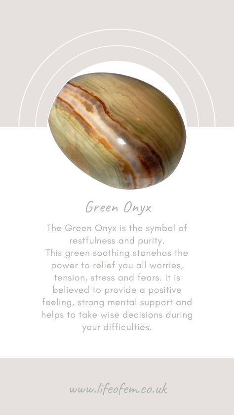 Green Onyx is the symbol of restfulness and purity. The stone has the power to release you of all worries, tension and stress. It is believed to provide positive, strong mental support. Green Onyx Crystal, Green Onyx Crystal Meaning, Green Onyx Meaning, Onyx Meaning, Crystal Healing Chart, Earth Gift, Onyx Crystal, Magical Herbs, Crystal Therapy