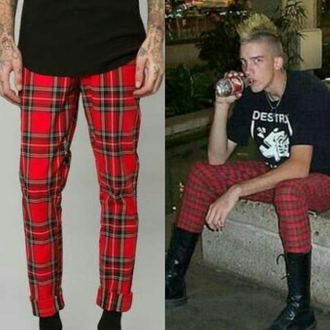 Punk rock flannel pants Red Pajama Pants Outfit, 70s Punk Outfits, Pajama Pants Outfit, Outfit Punk, Red Pajama Pants, Camo Pants Outfit, 70s Punk, Punk Pants, Punk Pins